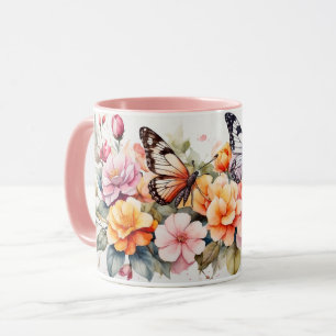 Caneca Aquarela Romântica Flores Elegantes De Borboletas