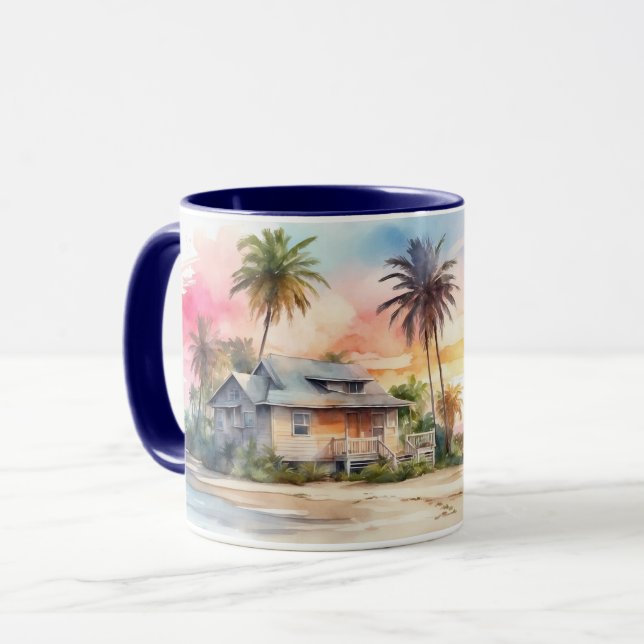 Caneca Aquarela Romântica Sunset Beach e Cottage Mug (Frente Esquerda)