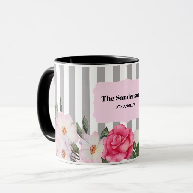 Caneca Aquarela Rosas Brancas Rosa Suave Listras Cinzas (Frente Esquerda)