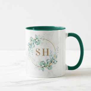 Caneca Aquarela Verde Eucalipto Dourado Monograma Casamen