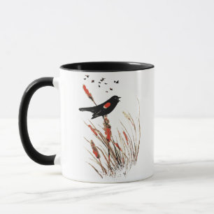 Caneca Aquarela Vermelha com asas negras com aves negras