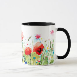 Caneca Aquarelas Coloridas Flores e Poppias Vermelhas