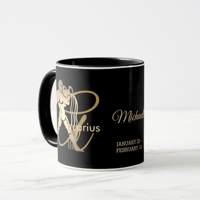 Caneca Aquarius ♒ Sinal de Aniversário Zodiac / Preto e D (Frente Esquerda)