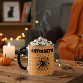 Caneca Aranha de Halloween em Xadrez de Ginga Laranja com