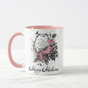Caneca Aranha Gótica com Rosas   Dia das Bruxas Rosa