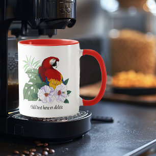 Caneca Arara Vermelha Papagaio Tropical Hibisco Branco Fl