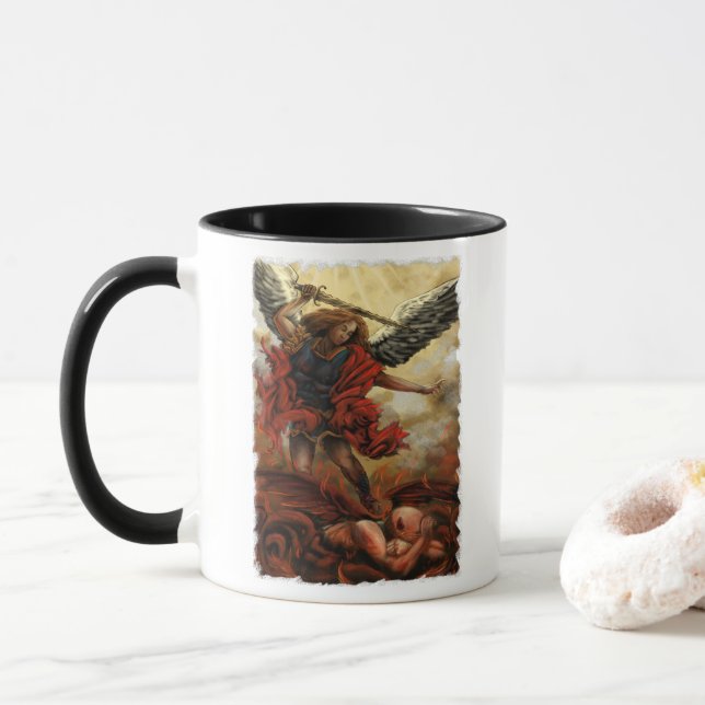 Caneca Archangel Michael derrota demônio em fogo (Com Donut)