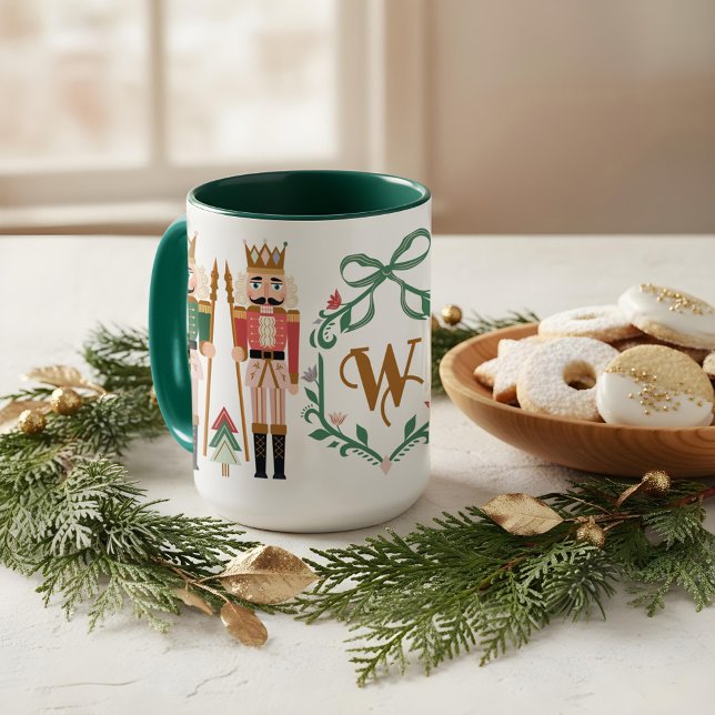 Caneca Arco de Monograma de Noz-Cracker de Natal Whimsso (Whimsical Christmas Nutcracker Monogram Bow Mug)