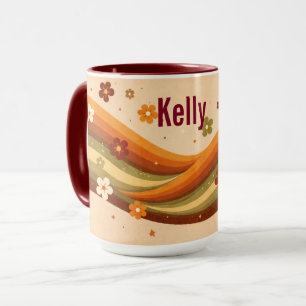 Caneca Arco-íris terroso retrô & Flores Nome personalizad