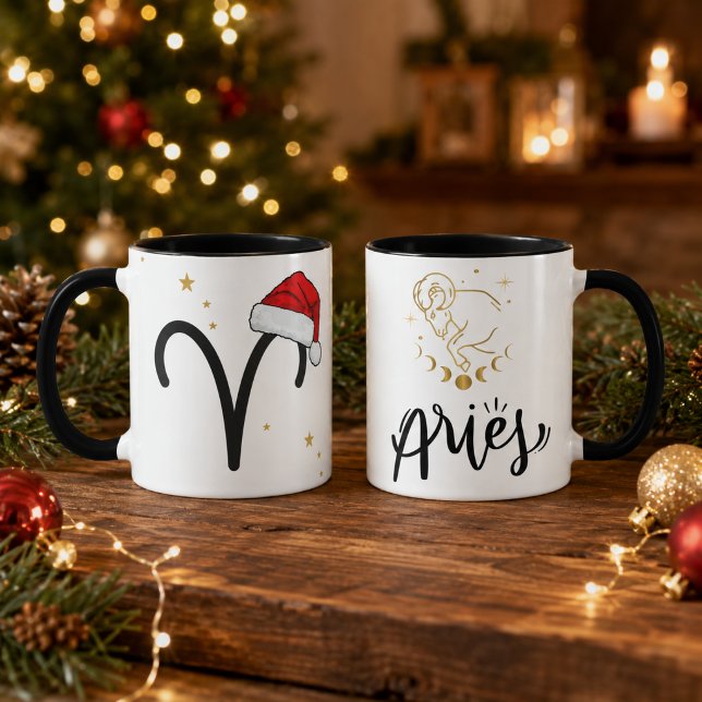 Caneca Áries de Natal com Chapéu de Papai Noel Zodíaco (Criador carregado)
