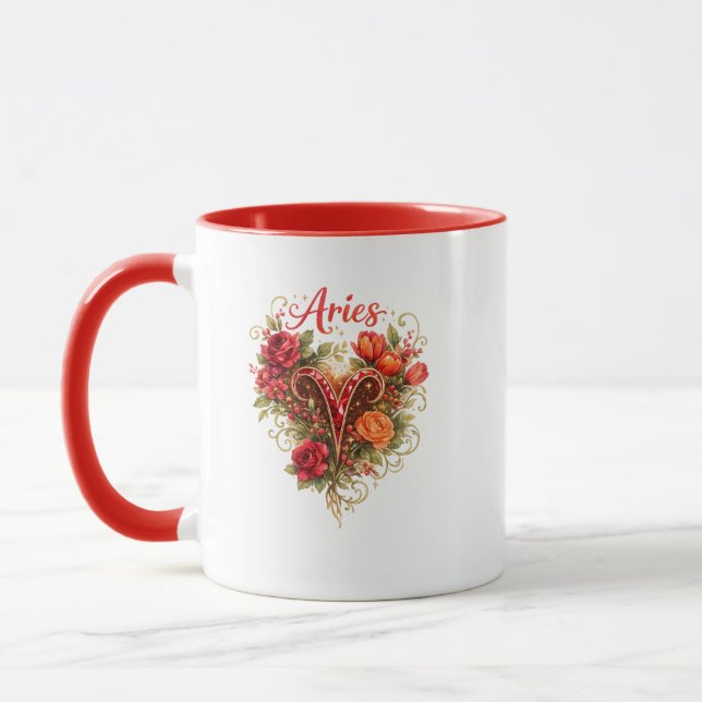 Caneca Aries Zodiac Floral Heart Mug – Feminine Astrology (Esquerda)