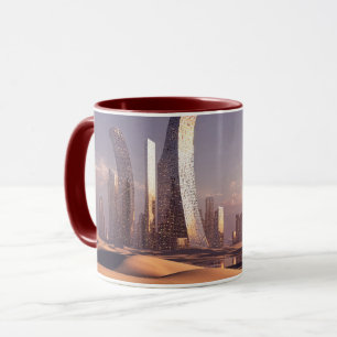 Caneca Arranha-céus Surreais Futuristas Em Paisagem Desér