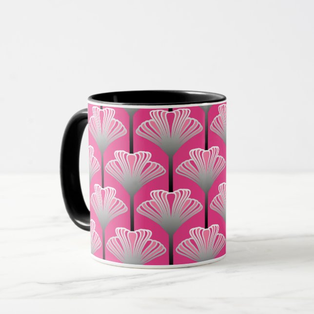 Caneca Art Deco Lily, Fuchsia Pink e Cinzas Prateadas (Frente Esquerda)