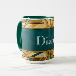 Caneca Art Deco Verde e Listras Douradas Personalizadas