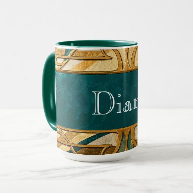 Caneca Art Deco Verde e Listras Douradas Personalizadas (Frente Esquerda)