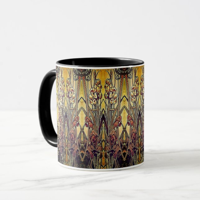 Caneca Art nouveau padrão da íris de ouro bronze vermelho (Frente Esquerda)