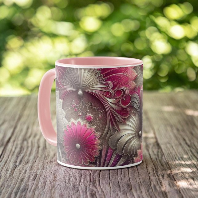 Caneca Art Nouveau Ventiladores rosa e prateados (Criador carregado)