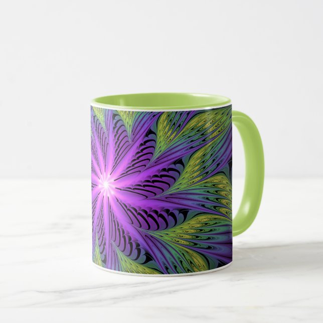Caneca Arte abstrata fractal moderna flor roxa verde (Frente Esquerda)