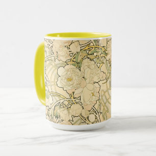 Caneca Arte Antiga Modernista Mucha Padrão Floral Peônias