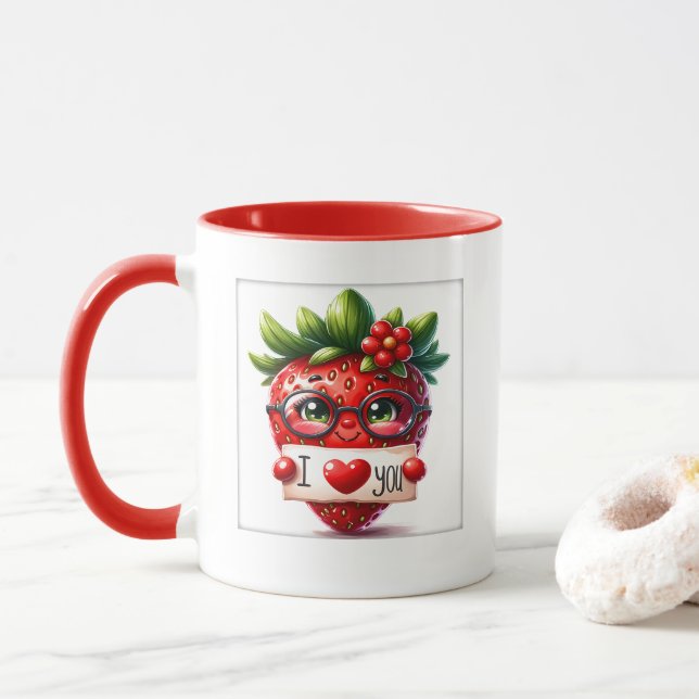 Caneca Arte com palavras de amor de Morango Fofo  (Com Donut)