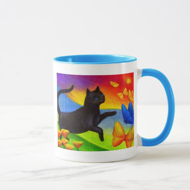 Caneca Arte das borboletas da pintura do gato preto - (Direita)