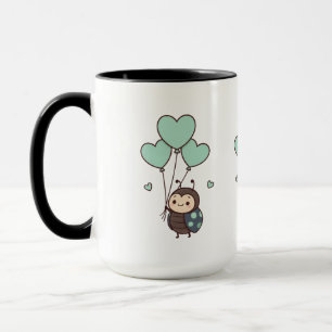 Caneca Arte de Balão em Coração com Joaninha Fofa Kawaii