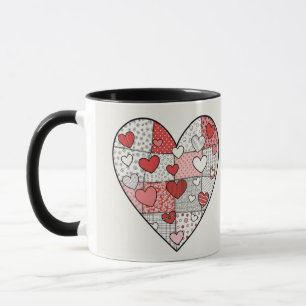 Caneca Arte de Colagem de Coração Xadrez Vermelho e Rosa 