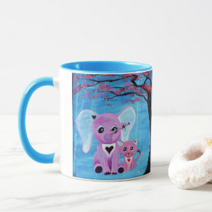 Caneca Arte de Flor de Cerejeira com Elefante Rosa e Gato
