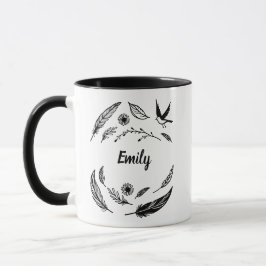 Caneca Arte de Linha Pena, Pássaro e Folhas Nome Personal