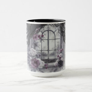 Caneca Arte de Moldura de Renda de Rosa Roxa de Janela Vi