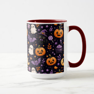 Caneca Arte de Padrão de Gato Fantasma Abóbora de Hallowe