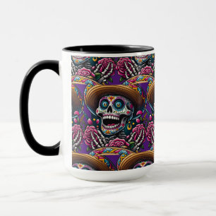 Caneca Arte do crânio do açúcar - Esqueleto Rosas Sombrer