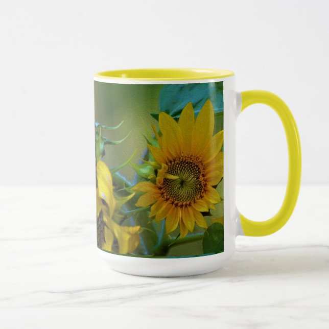 Caneca Arte Floral de Pintura de Girassol Amarelo (Direita)