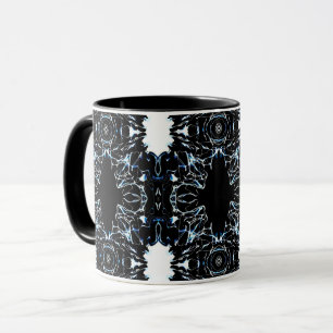 Caneca Arte Fluida Abstrata Caótica Azul em Preto e Branc