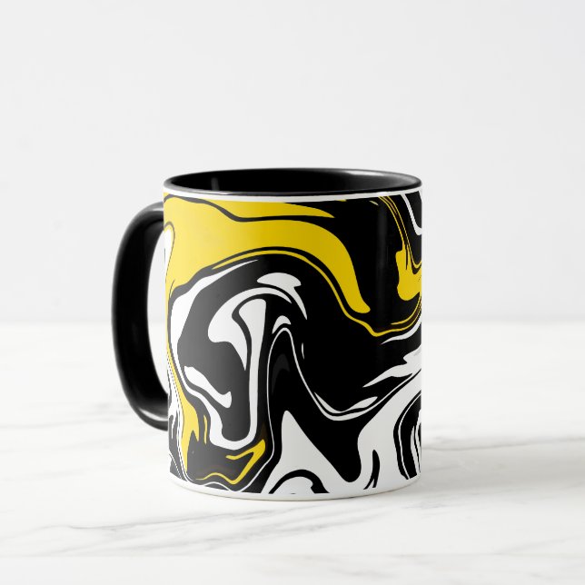 Caneca Arte Fluida Abstrata com preto, branco e amarelo (Frente Esquerda)