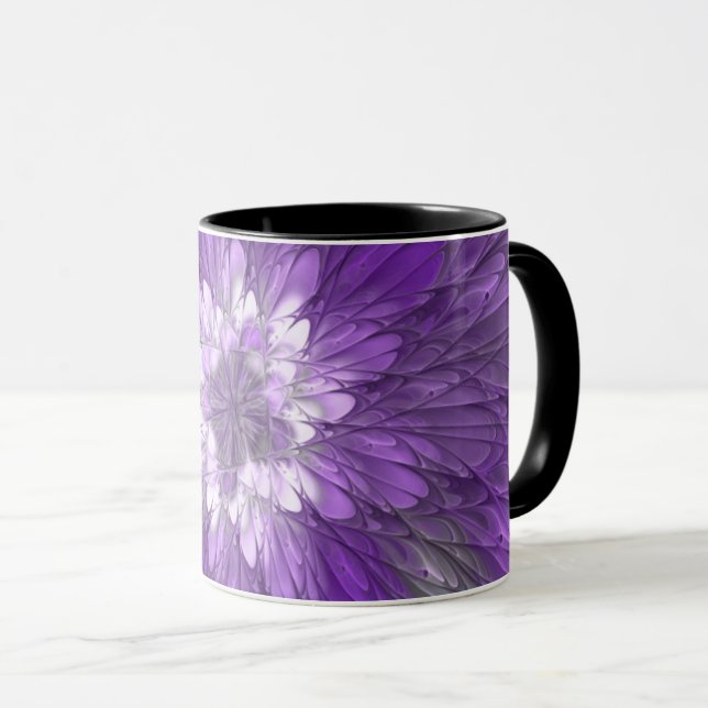 Caneca Arte Fractal Abstrato de Flor Roxo Psicodélico (Frente Esquerda)