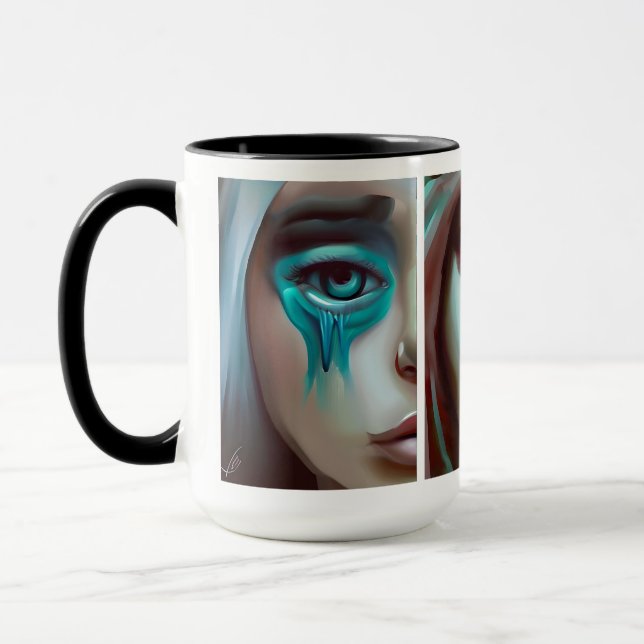 Caneca Arte gerada por IA em três faces femininas (Esquerda)