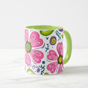 Caneca Arte Gráfico de Redemoinhos Florais Rosa Psicodéli
