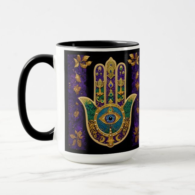 Caneca Arte Hamsas Dourado Roxo Verde do Mardi Gras (Esquerda)