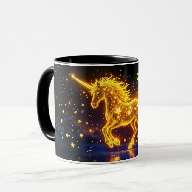 Caneca Arte mágica de design de unicórnio de ouro de vive (Frente Esquerda)