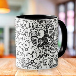 Caneca Arte Moderna Desenhada à Mão em Preto e Branco de