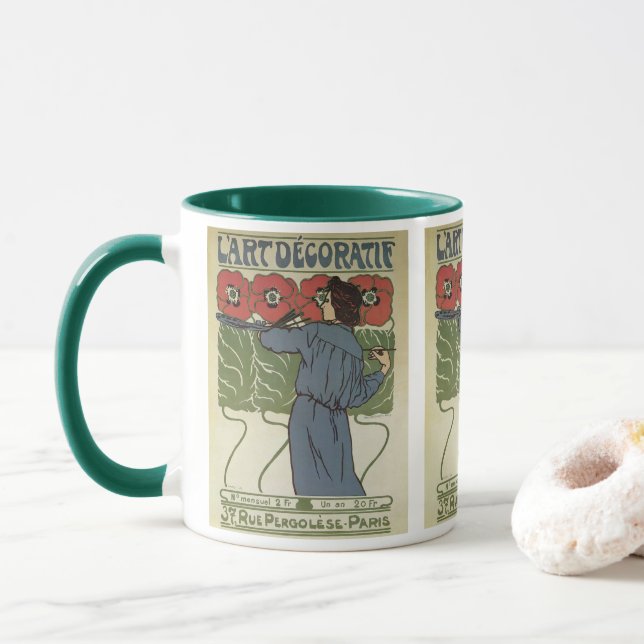 Caneca Arte Nova Antiga, Artista Pintando Flores de Papou (Com Donut)