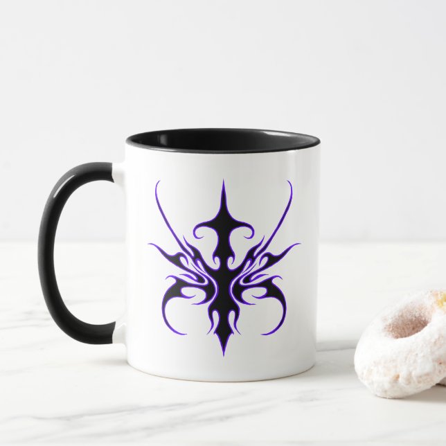 Caneca Arte Tribal Linhas Ferozes Preto e Roxo (Com Donut)