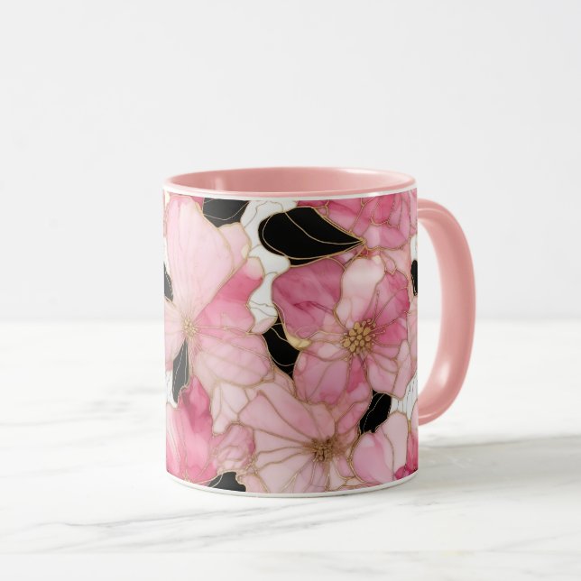 Caneca Artistic Pink Blooms Black Ink Abstract (Frente Esquerda)