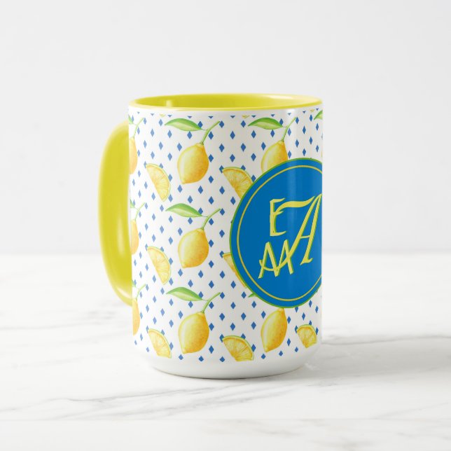 Caneca Árvore de Limão Monogramada Azul Royal Decoração d (Frente Esquerda)