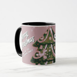 Caneca Árvore de Natal Artística Rosa Família Script Aleg