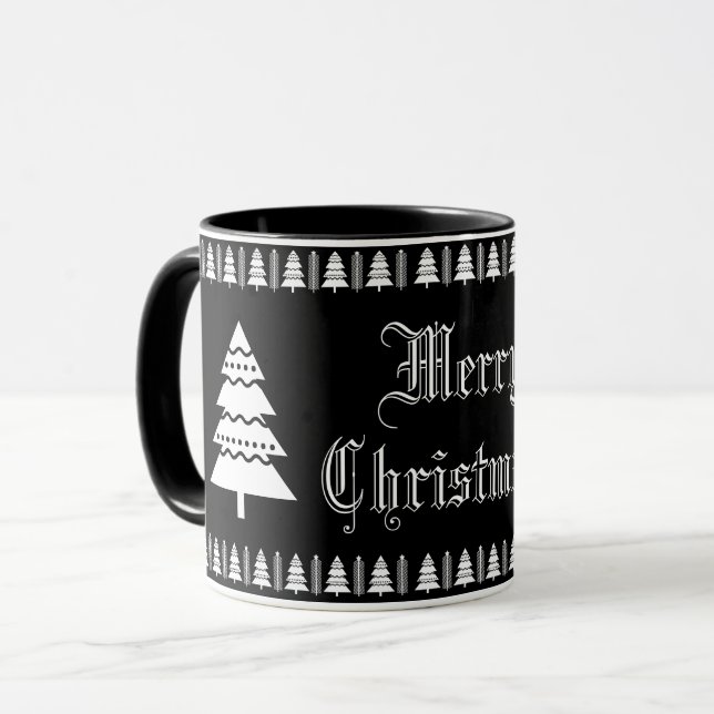 Caneca Árvore de Natal Branca e Preta Moderna (Frente Esquerda)