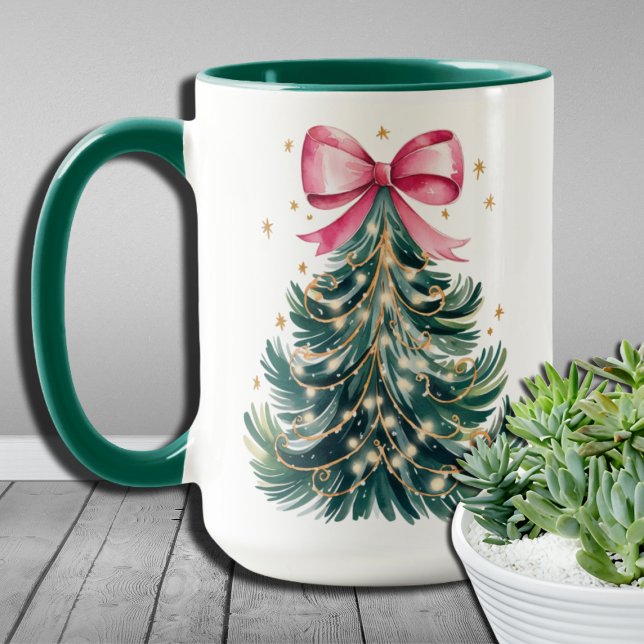 Caneca Árvore de Natal Brilho Laço Coquete Aquarela (Criador carregado)
