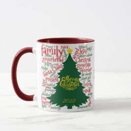 Caneca Árvore de Natal com palavras de Natal e flocos de