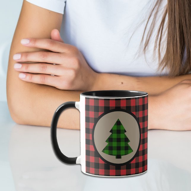 Caneca Árvore de Natal da Xadrez de Buffalo Verde Vermelh (Criador carregado)